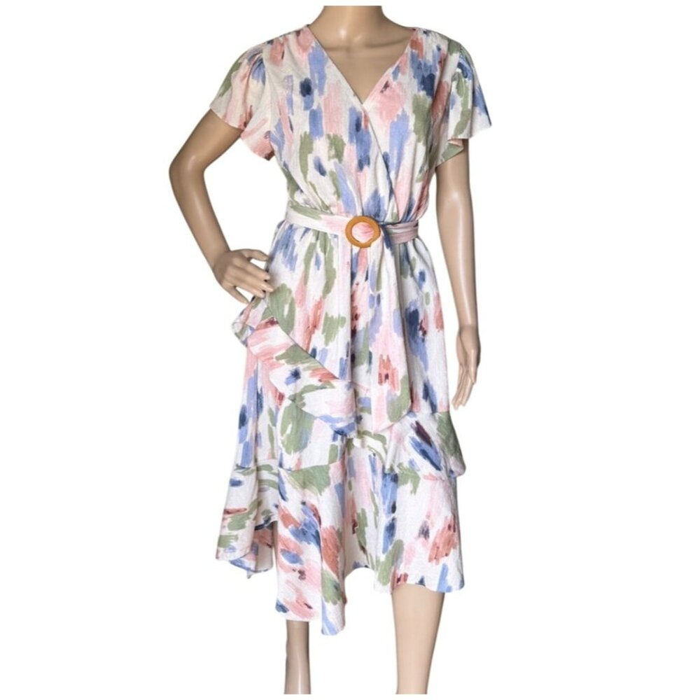 Sofia Jeans Sofia Vergara Ruffle Faux Wrap Midi Dress Size M Pastel Multicolor
